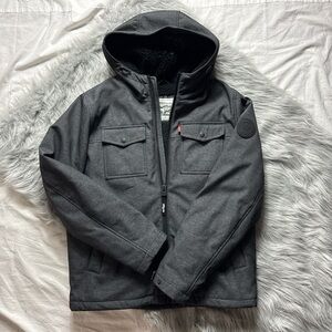 Levi's Charcoal Hooded Soft Shell Sherpa Fleece Lined Coat Men’s Medium